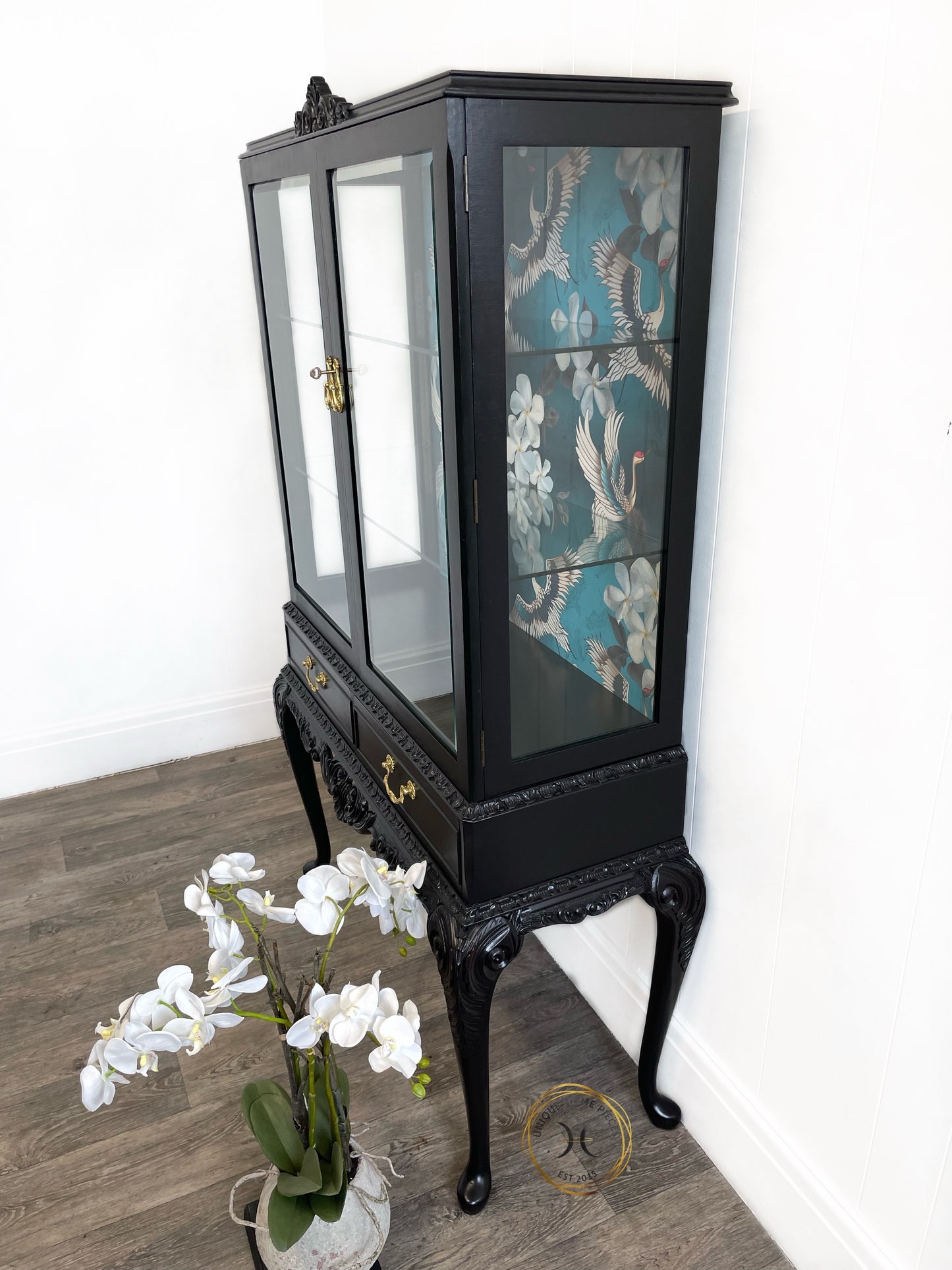 Black Bespoke Bevelled Glass Door Display Cabinet, Queen Anne Legs,Turquoise Crane Bird Design