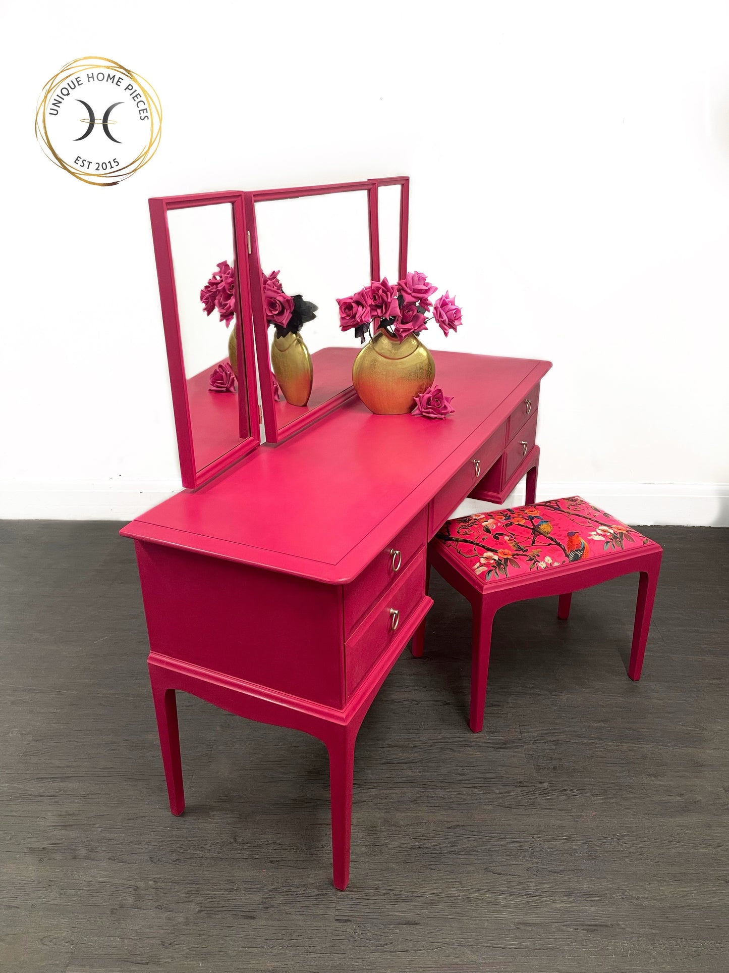 Stag Hot Pink 5 Drawer Mirrored Dressing Table With Stool