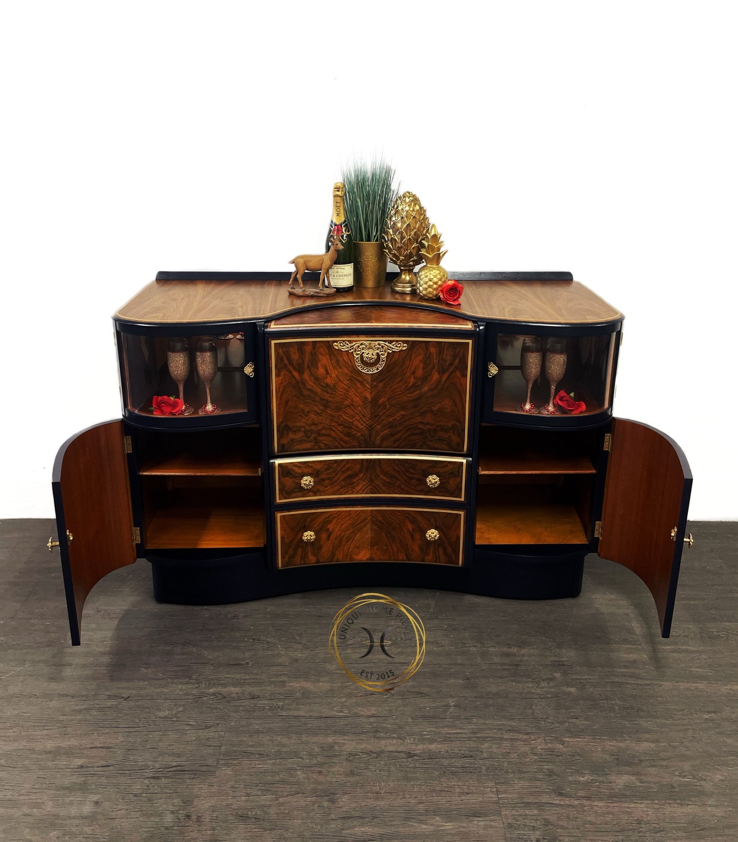 Beautility Navy/Oxford Blue And Gold Walnut Cocktail Cabinet/Bar/Drinks Cabinet