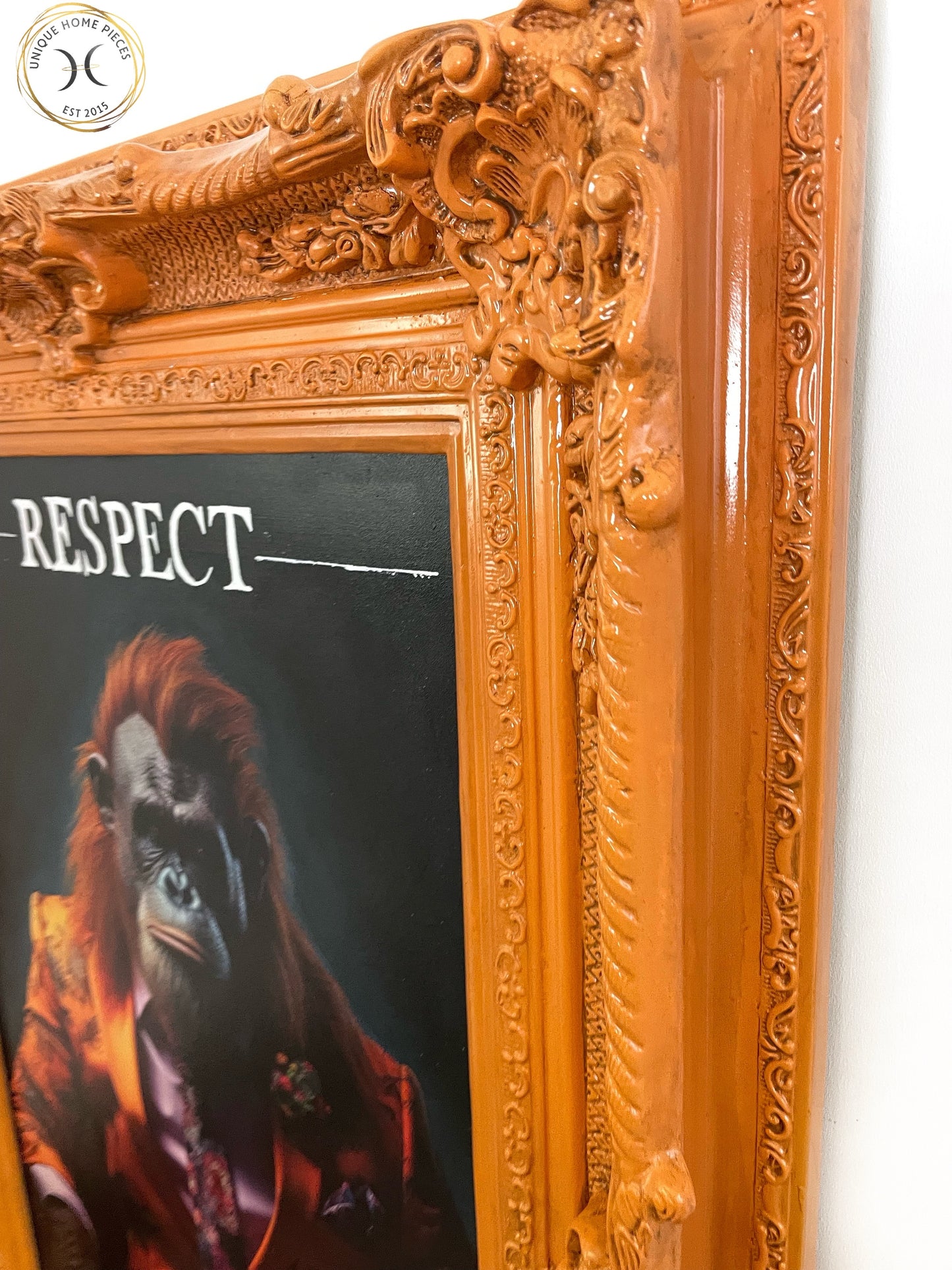 Orangutan Wall Art With Orange Ornate Picture Frame.