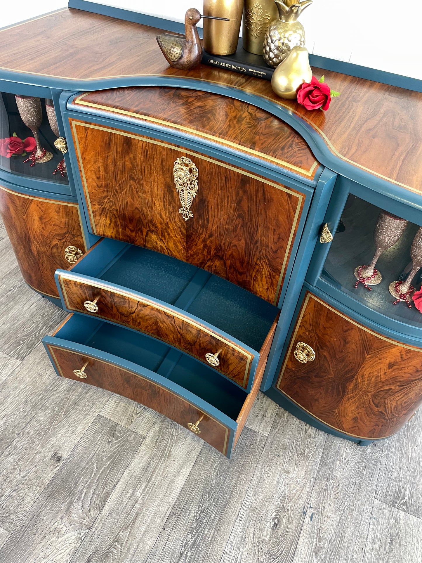 Beautility 1950s Blue Walnut Cocktail Cabinet Sideboard