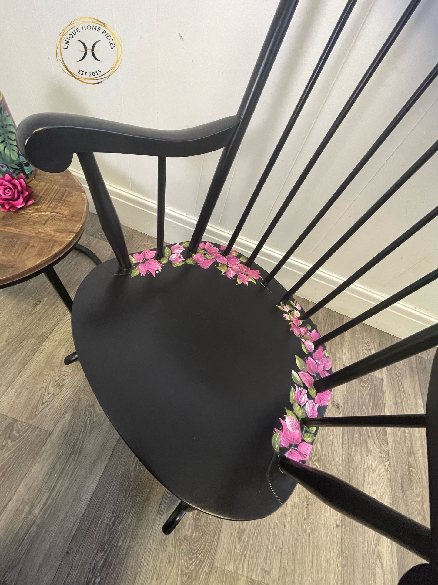 Black Vintage Wheel back Rocking Chair with Pink Wildflower Design