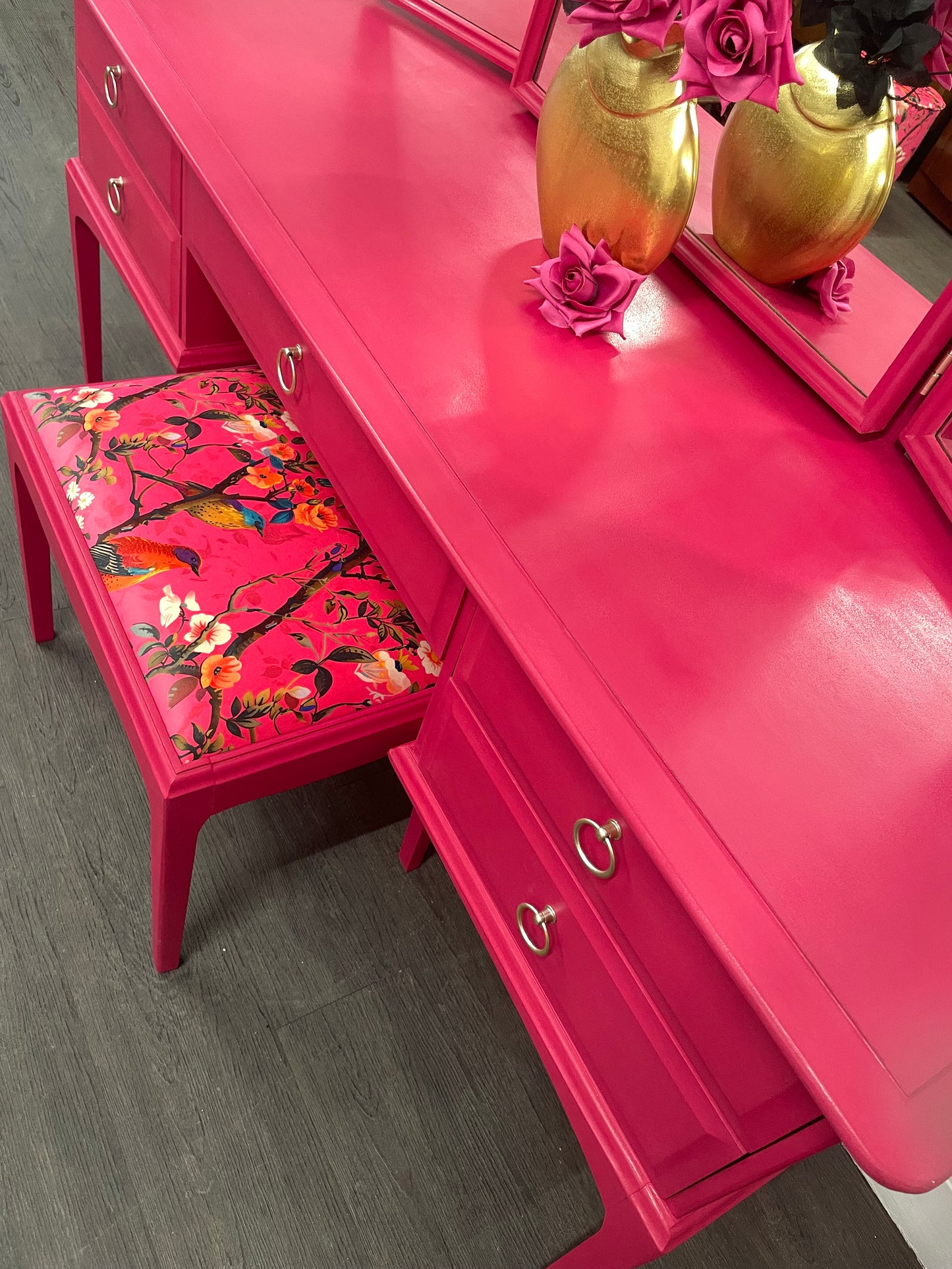 Stag Hot Pink 5 Drawer Mirrored Dressing Table With Stool