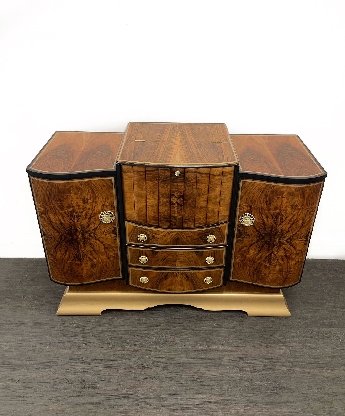 Large Rare Ronson Black Gold Walnut Art Deco Cocktail Cabinet