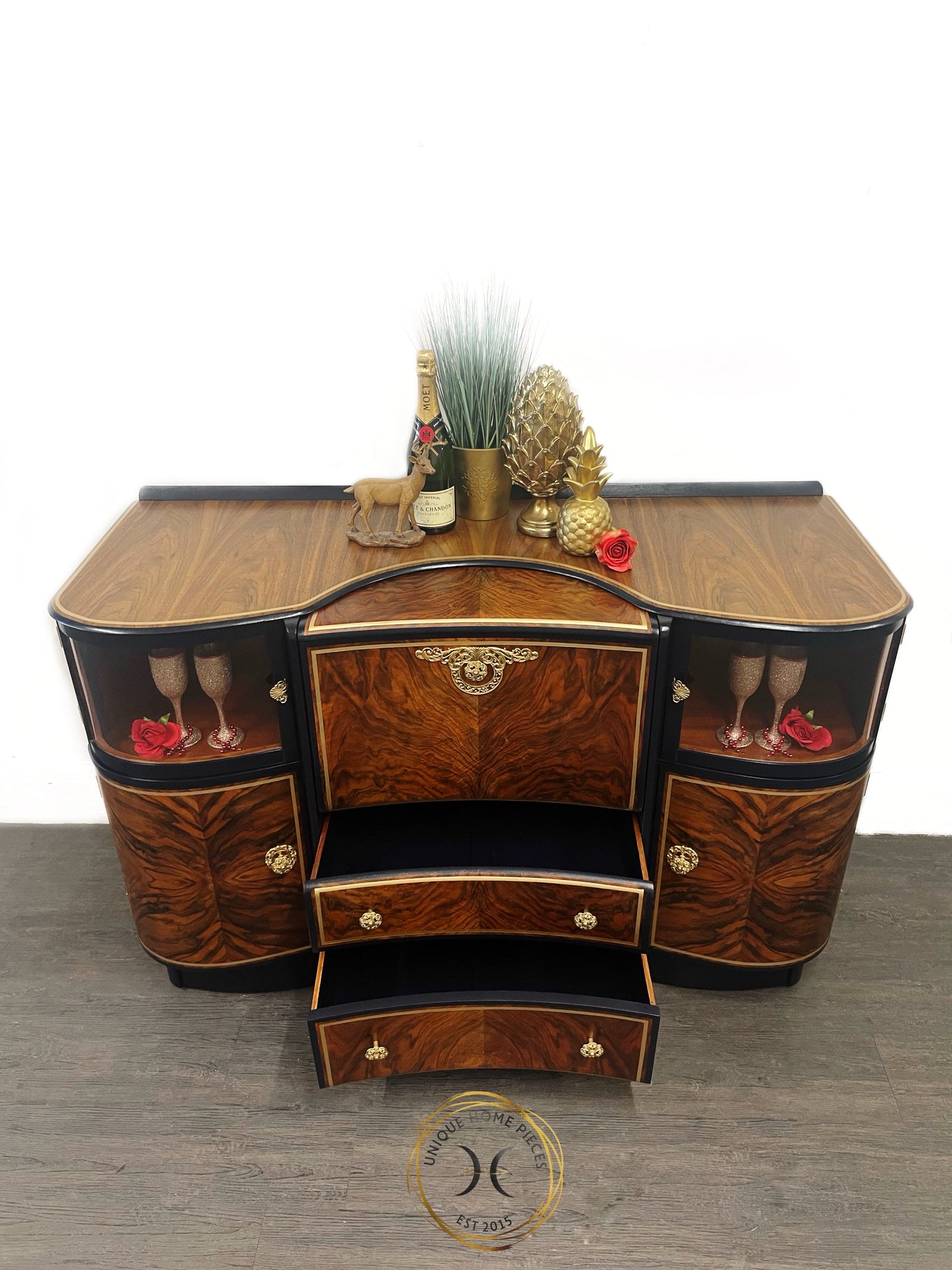 Beautility Navy/Oxford Blue And Gold Walnut Cocktail Cabinet/Bar/Drinks Cabinet