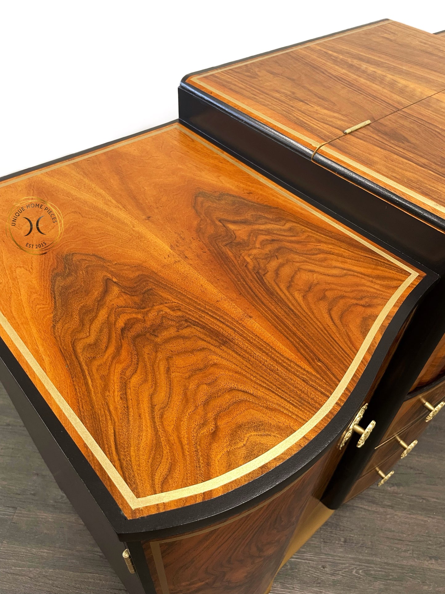 Large Rare Ronson Black Gold Walnut Art Deco Cocktail Cabinet