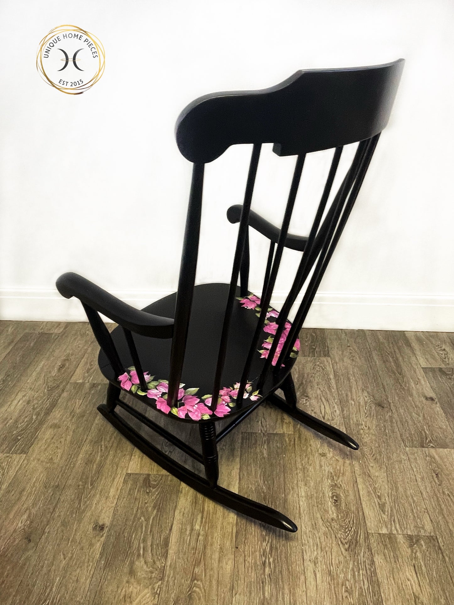 Black Vintage Wheel back Rocking Chair with Pink Wildflower Design