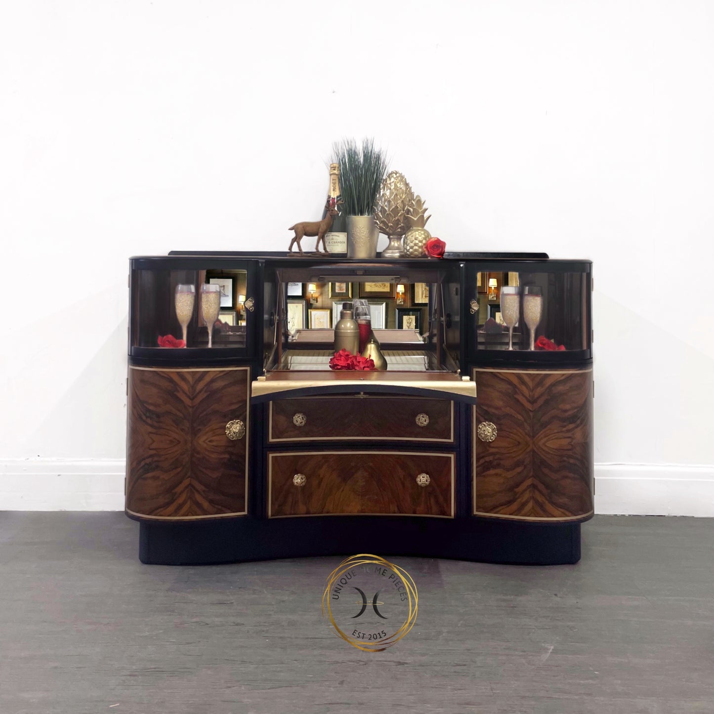 Beautility Navy/Oxford Blue And Gold Walnut Cocktail Cabinet/Bar/Drinks Cabinet