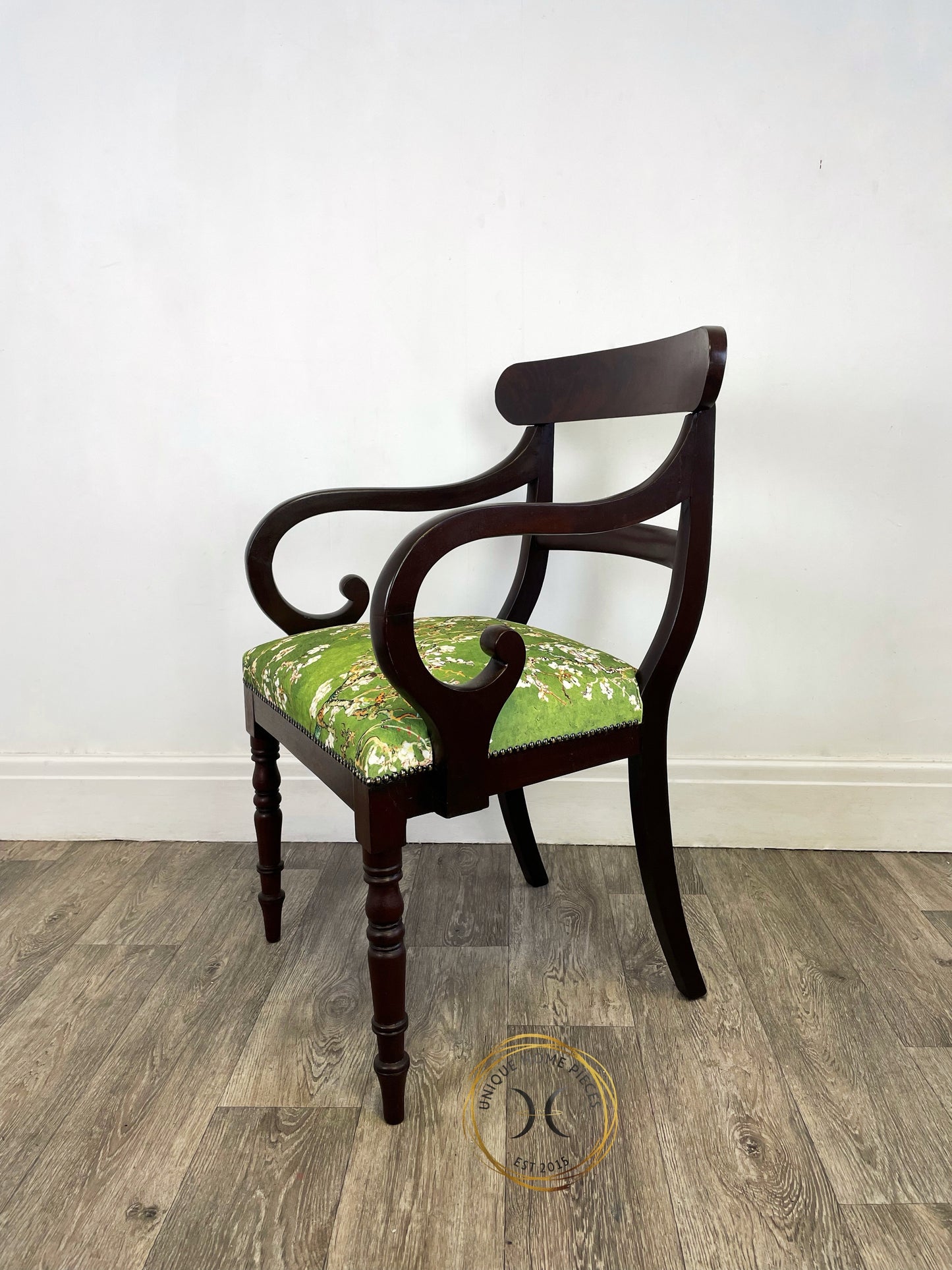 Antique English Regency Mahogany Scroll Arm Desk Chair With Green Velvet Material.