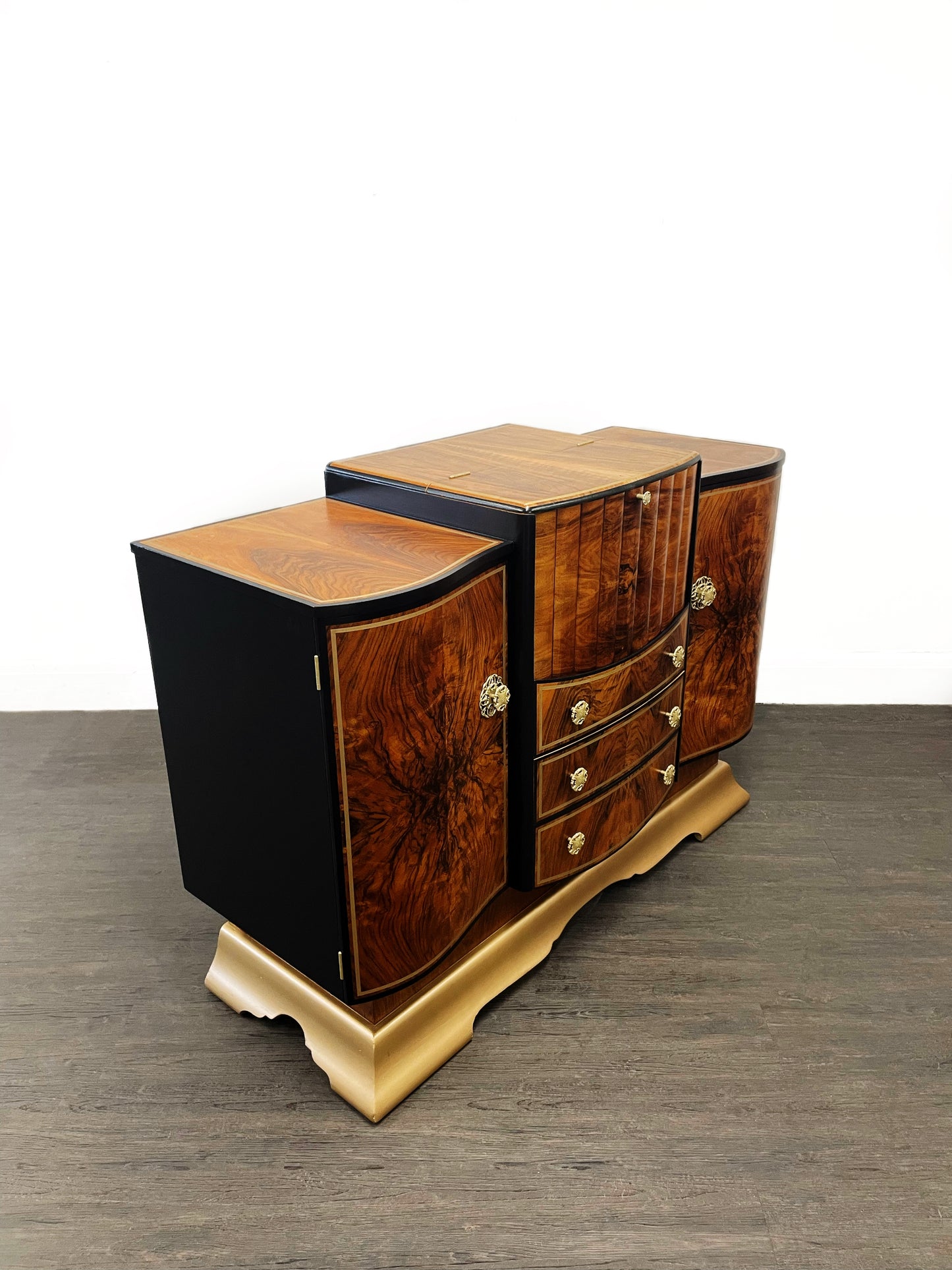 Large Rare Ronson Black Gold Walnut Art Deco Cocktail Cabinet