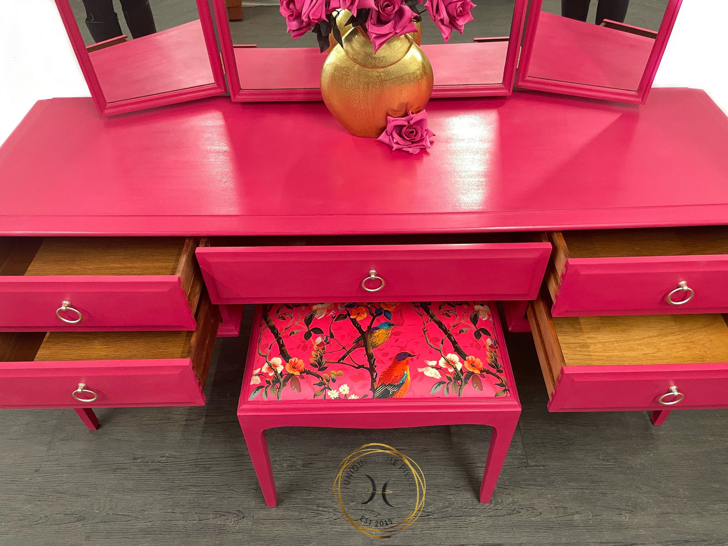 Stag Hot Pink 5 Drawer Mirrored Dressing Table With Stool