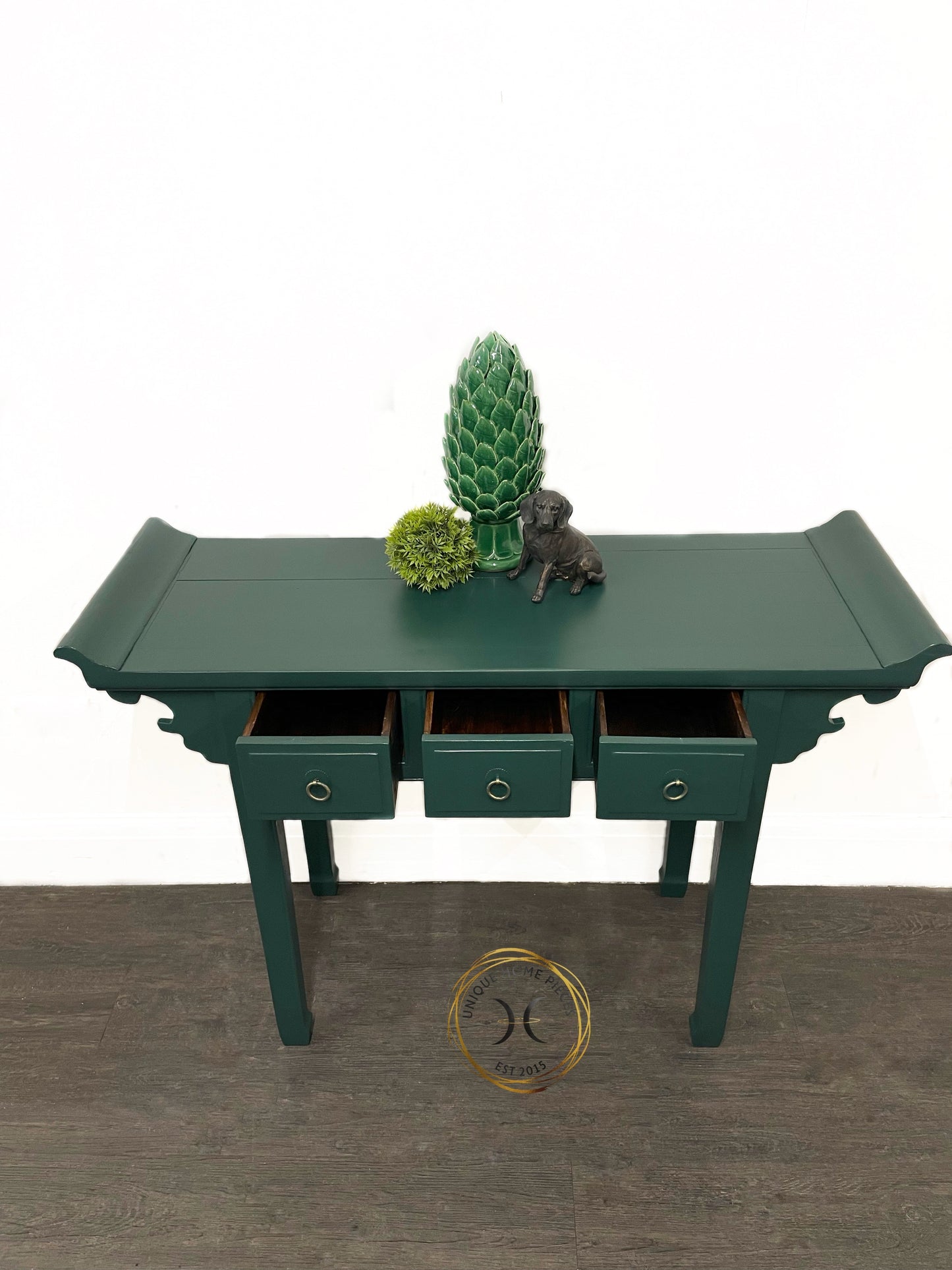 Green Rustic Oriental Style 3 Drawer Console Table/Desk