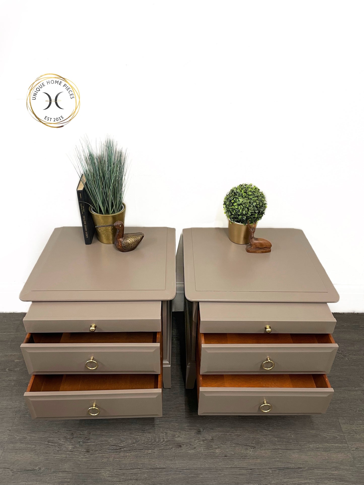 Pair of Stag Minstrel Two Drawer/Pullout Shelf Bedside Cabinets.