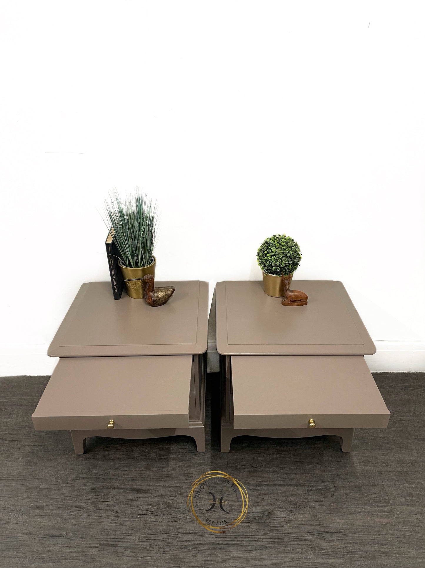 Pair of Stag Minstrel Two Drawer/Pullout Shelf Bedside Cabinets.
