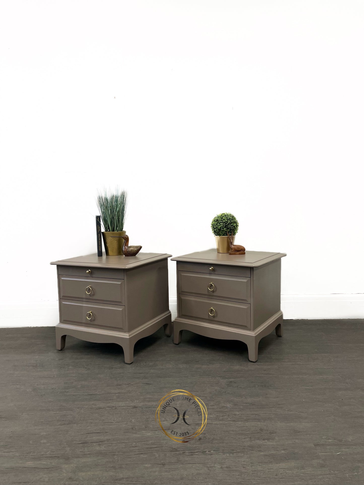 Pair of Stag Minstrel Two Drawer/Pullout Shelf Bedside Cabinets.