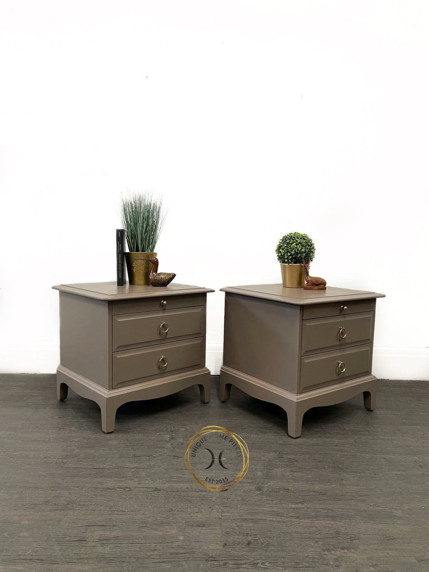 Pair of Stag Minstrel Two Drawer/Pullout Shelf Bedside Cabinets.