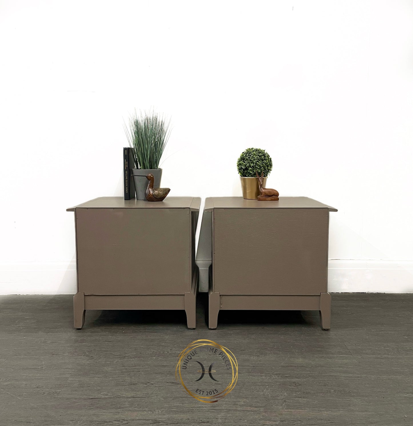 Pair of Stag Minstrel Two Drawer/Pullout Shelf Bedside Cabinets.
