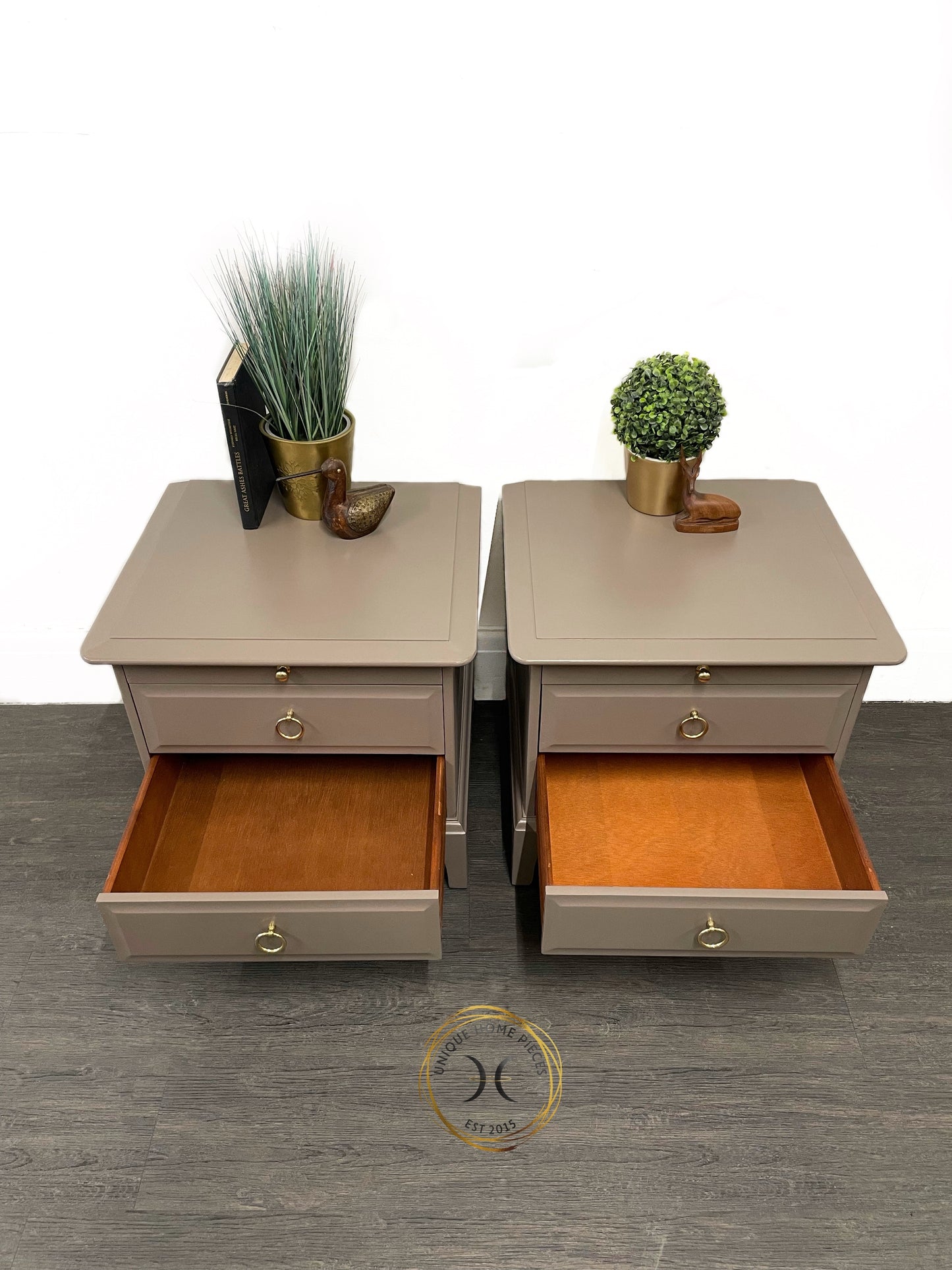 Pair of Stag Minstrel Two Drawer/Pullout Shelf Bedside Cabinets.