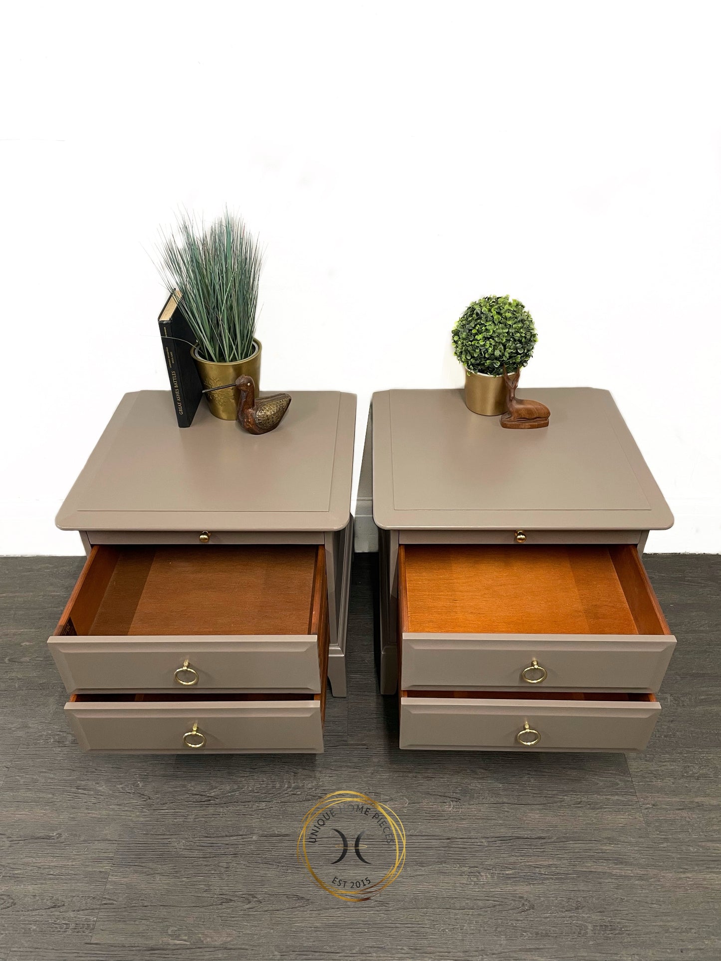 Pair of Stag Minstrel Two Drawer/Pullout Shelf Bedside Cabinets.