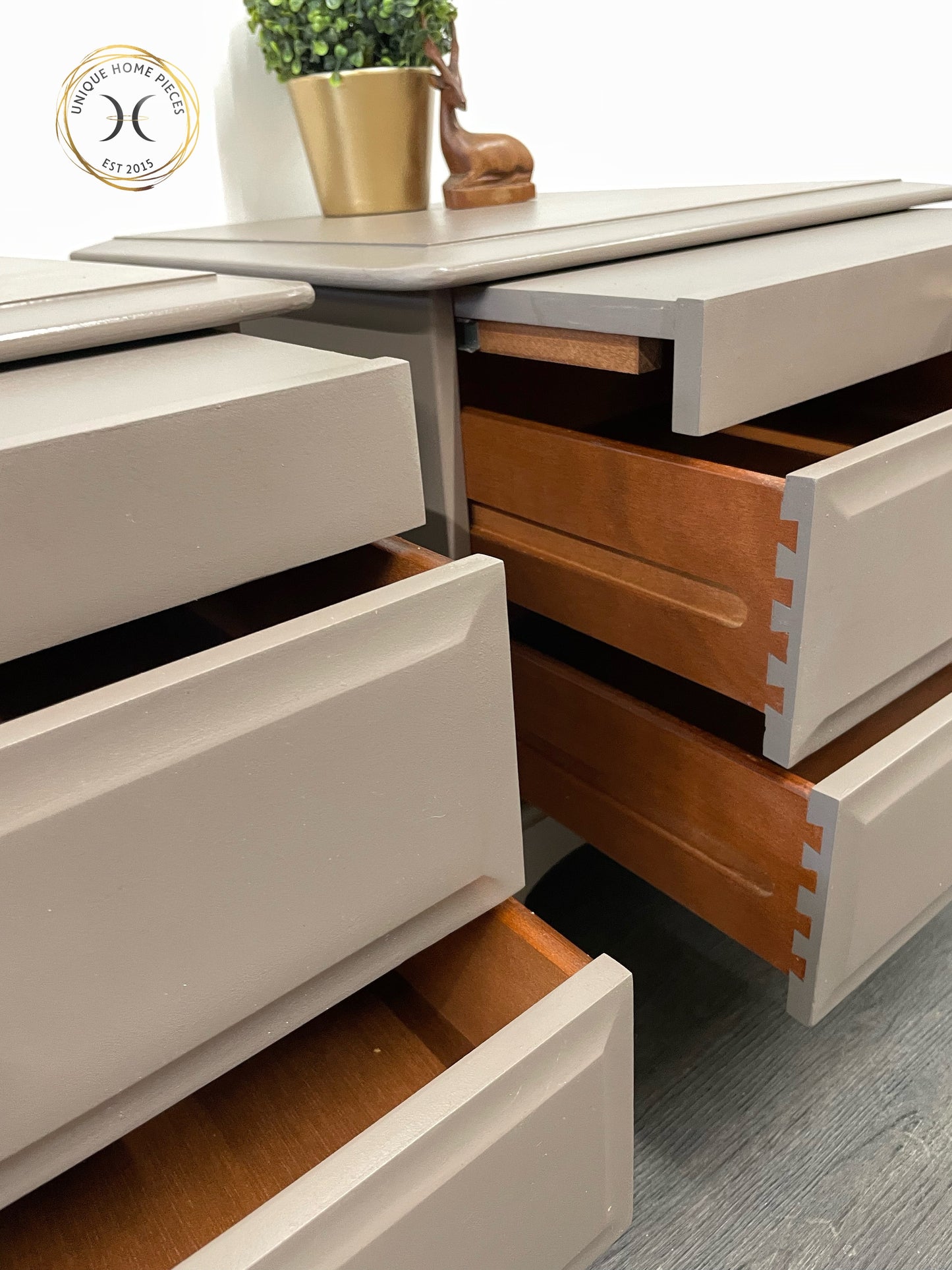 Pair of Stag Minstrel Two Drawer/Pullout Shelf Bedside Cabinets.