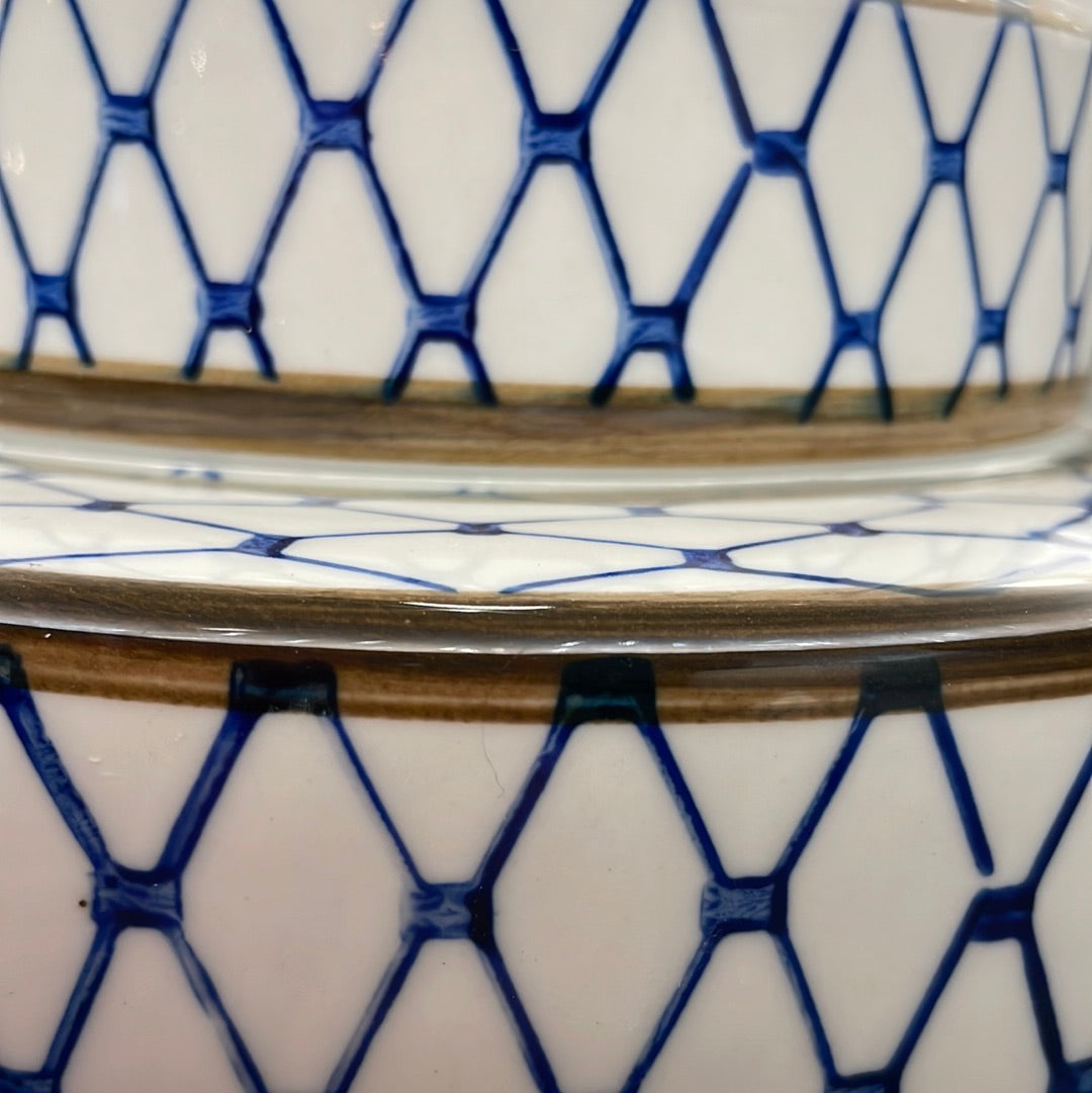 Blue And White Honeycomb Pattern Ceramic Lamp With Dark Blue Velvet Shade - Unique Home Pieces