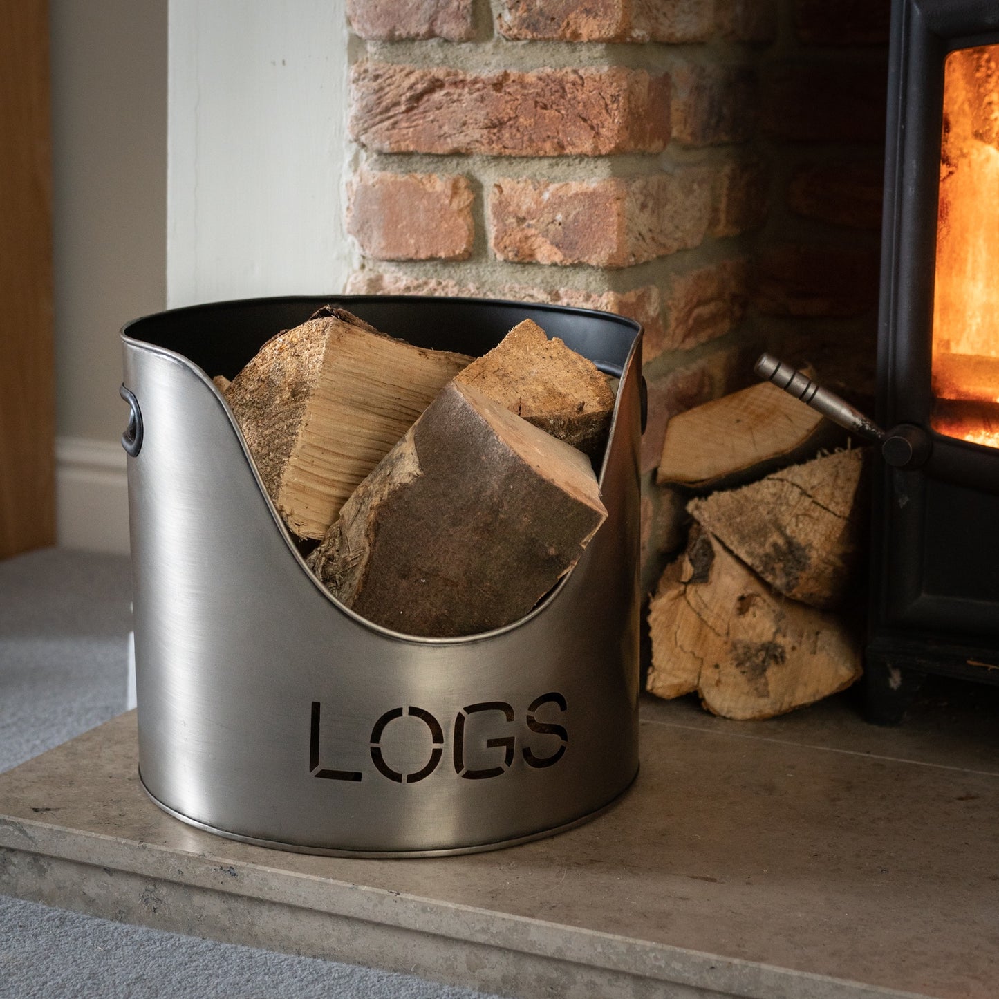 Pewter Finish Logs and Kindling Buckets and Matchstick Holder - Unique Home Pieces
