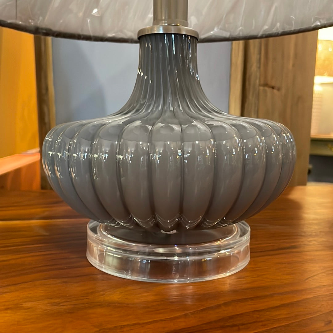 Grey Resin Squat Table Lamp With Grey Velvet Shade - Unique Home Pieces