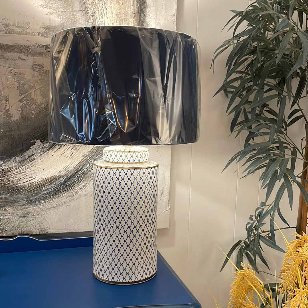 Blue And White Honeycomb Pattern Ceramic Lamp With Dark Blue Velvet Shade - Unique Home Pieces