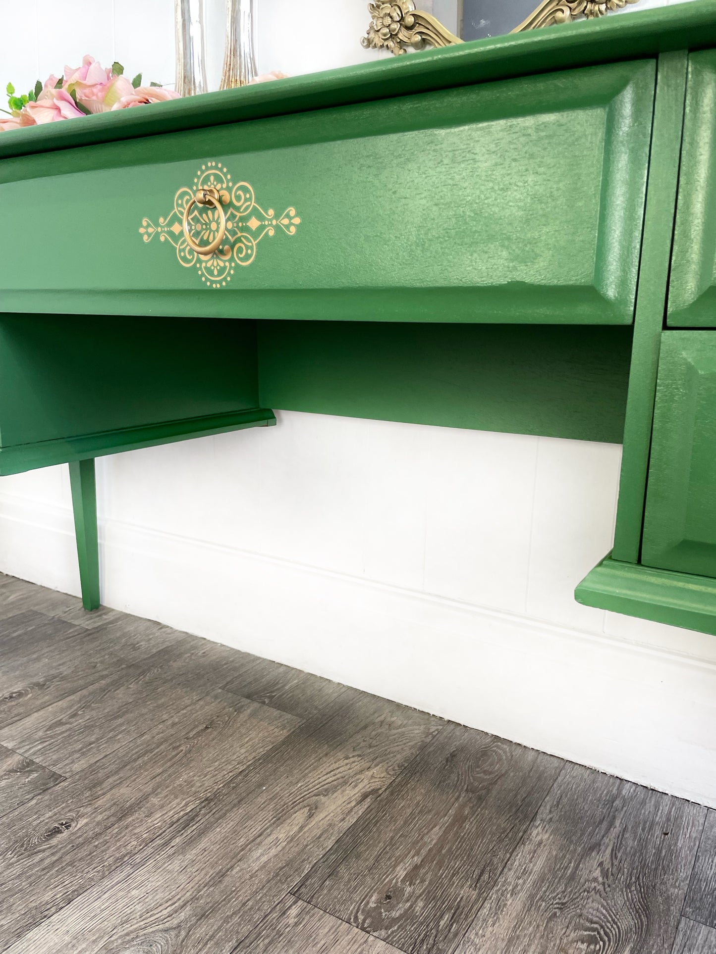 Stag Minstrel Green Dressing Table, 5 Drawer MCM Desk