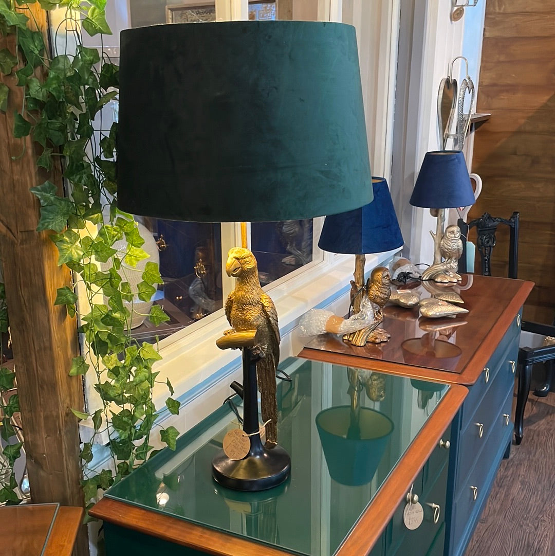 Percy The Parrot Gold Table Lamp With Teal Velvet Shade