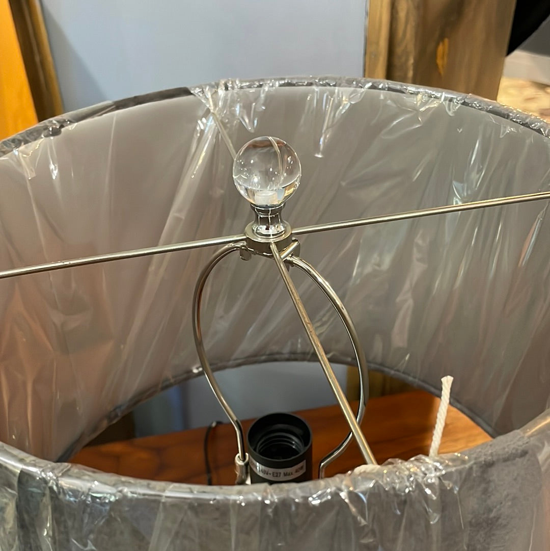 Grey Resin Squat Table Lamp With Grey Velvet Shade - Unique Home Pieces