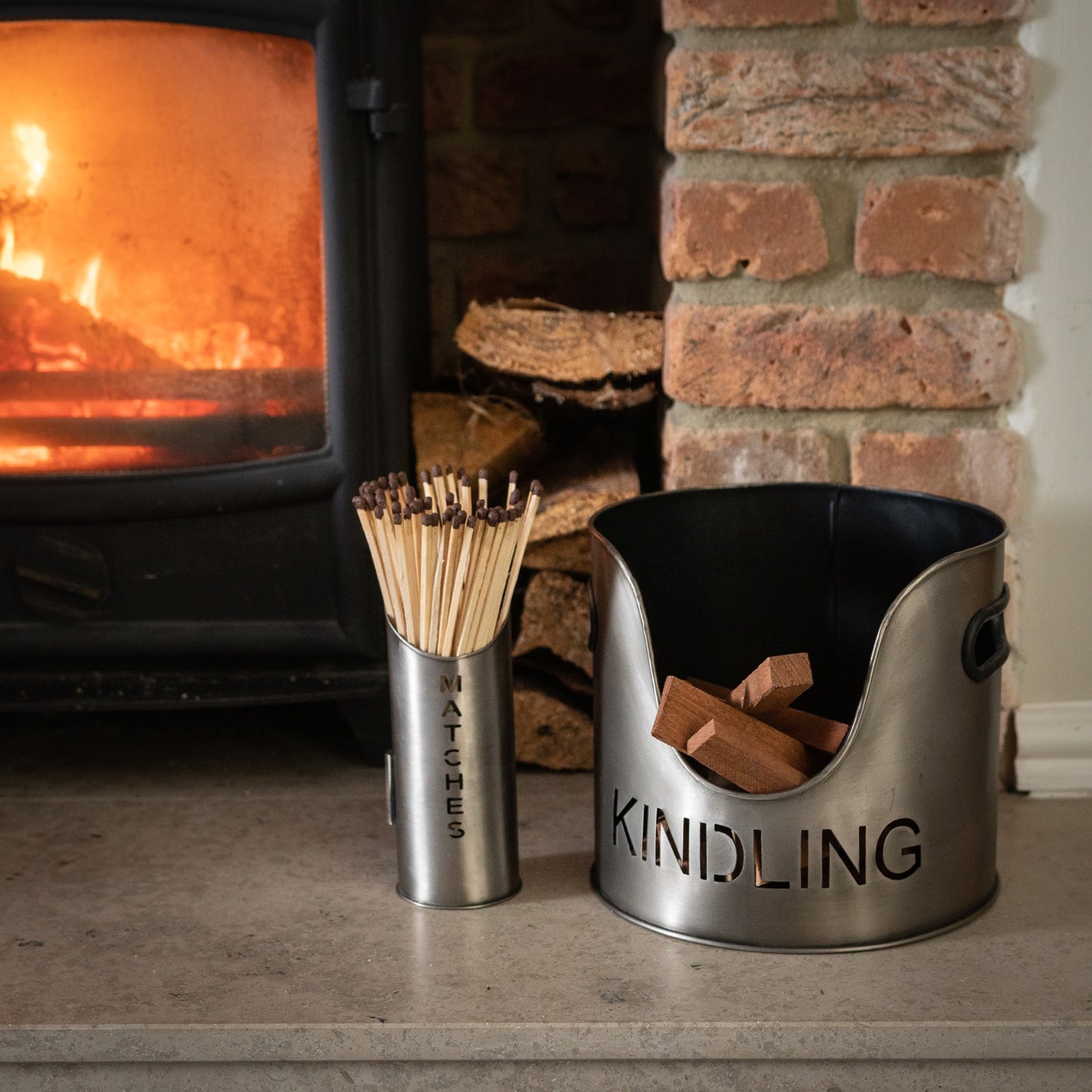 Pewter Finish Logs and Kindling Buckets and Matchstick Holder - Unique Home Pieces