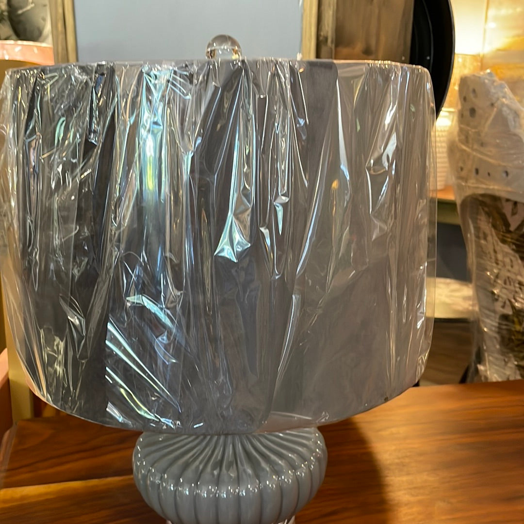Grey Resin Squat Table Lamp With Grey Velvet Shade - Unique Home Pieces