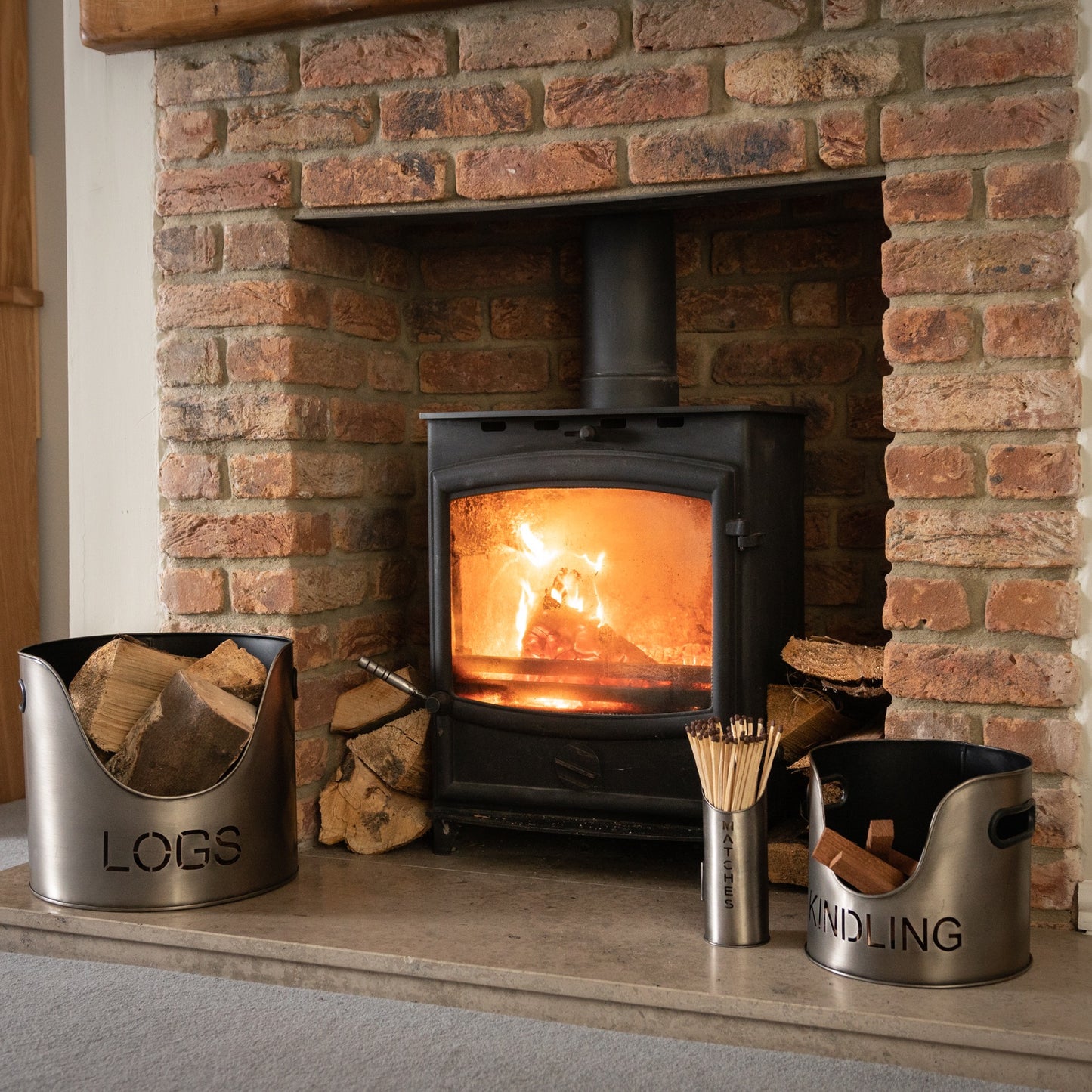 Pewter Finish Logs and Kindling Buckets and Matchstick Holder - Unique Home Pieces