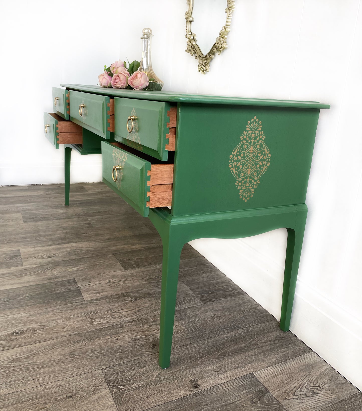 Stag Minstrel Green Dressing Table, 5 Drawer MCM Desk