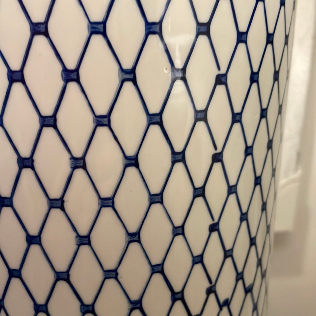 Blue And White Honeycomb Pattern Ceramic Lamp With Dark Blue Velvet Shade - Unique Home Pieces