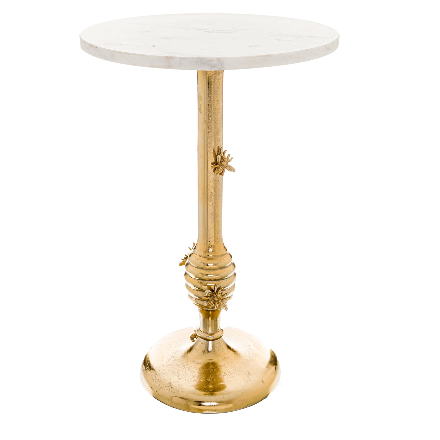 side table consisting of 3 pieces which screw together the table base is made if metal in gold with joney bees attached up the stem. a white round marble top that screws in. this small table is very elegant and small so can sit in any area you want to place it.