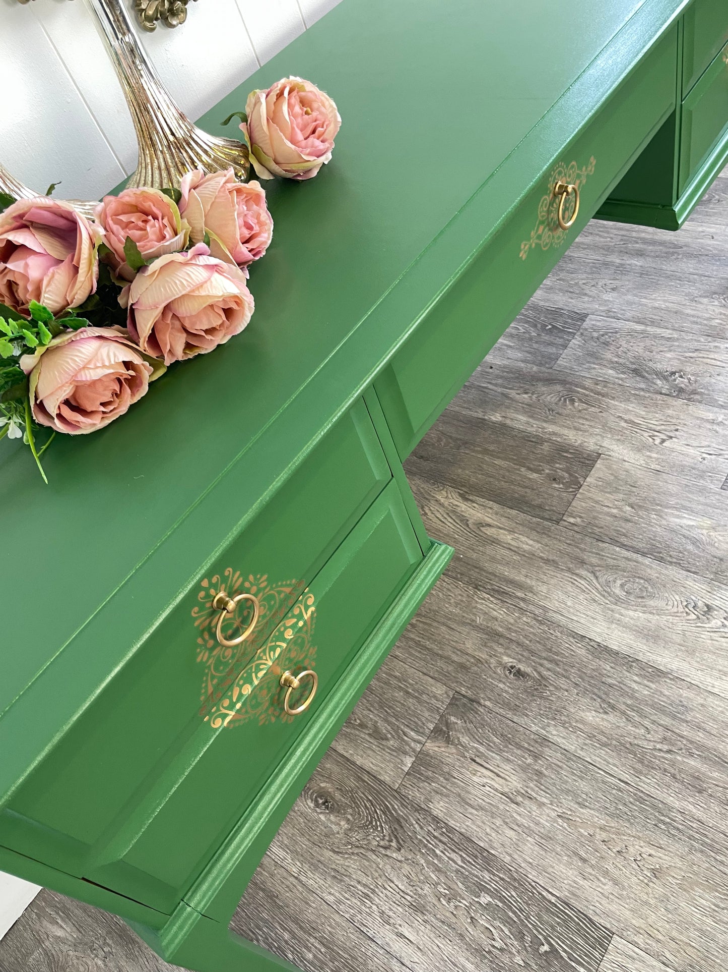 Stag Minstrel Green Dressing Table, 5 Drawer MCM Desk
