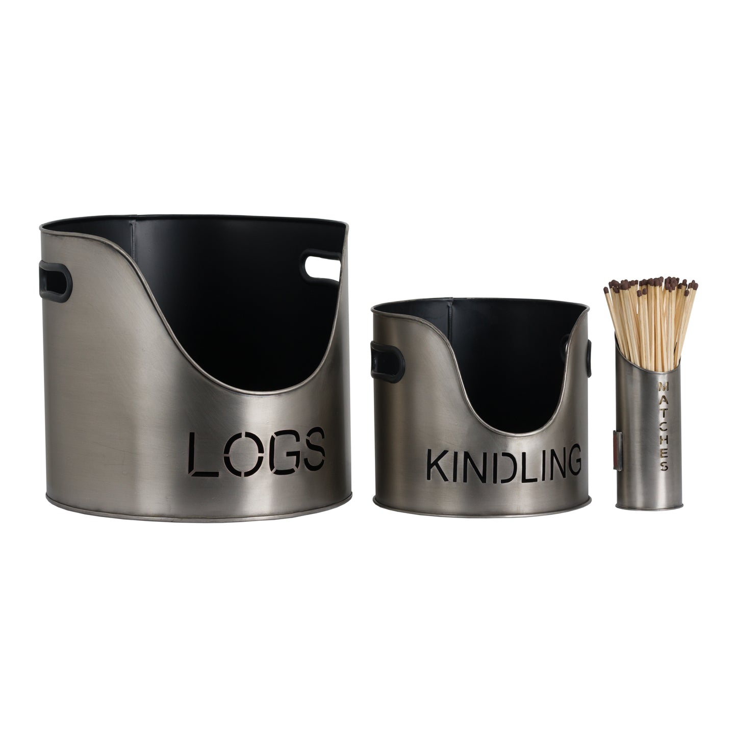 Pewter Finish Logs and Kindling Buckets and Matchstick Holder - Unique Home Pieces