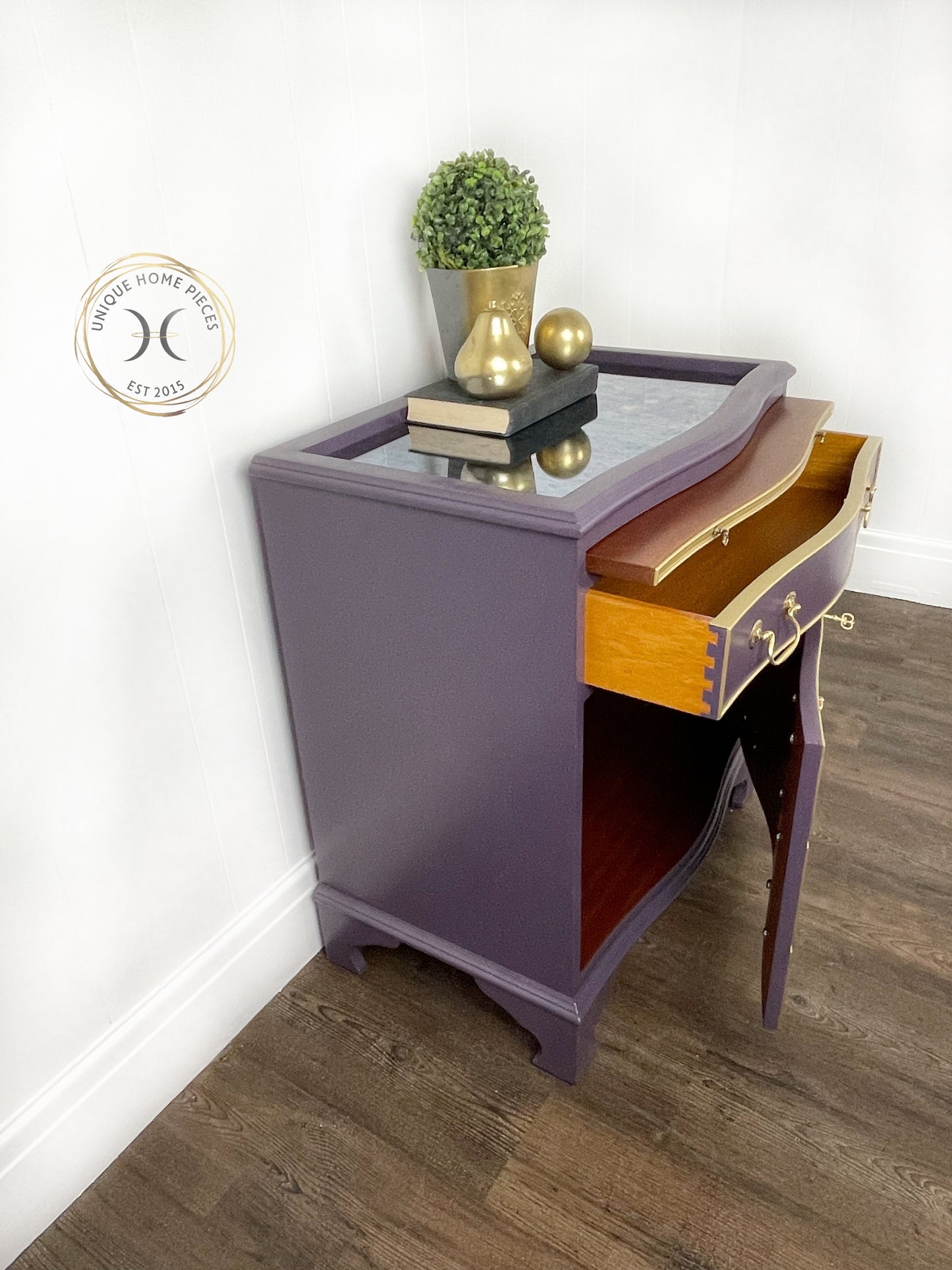 Vintage Cocktail Cabinet, Bow front Gin Cupboard By J Sydney Smith, Deep Purple Cocktail Cabinet, Home mini Bar Drinks Cabinet - Unique Home Pieces