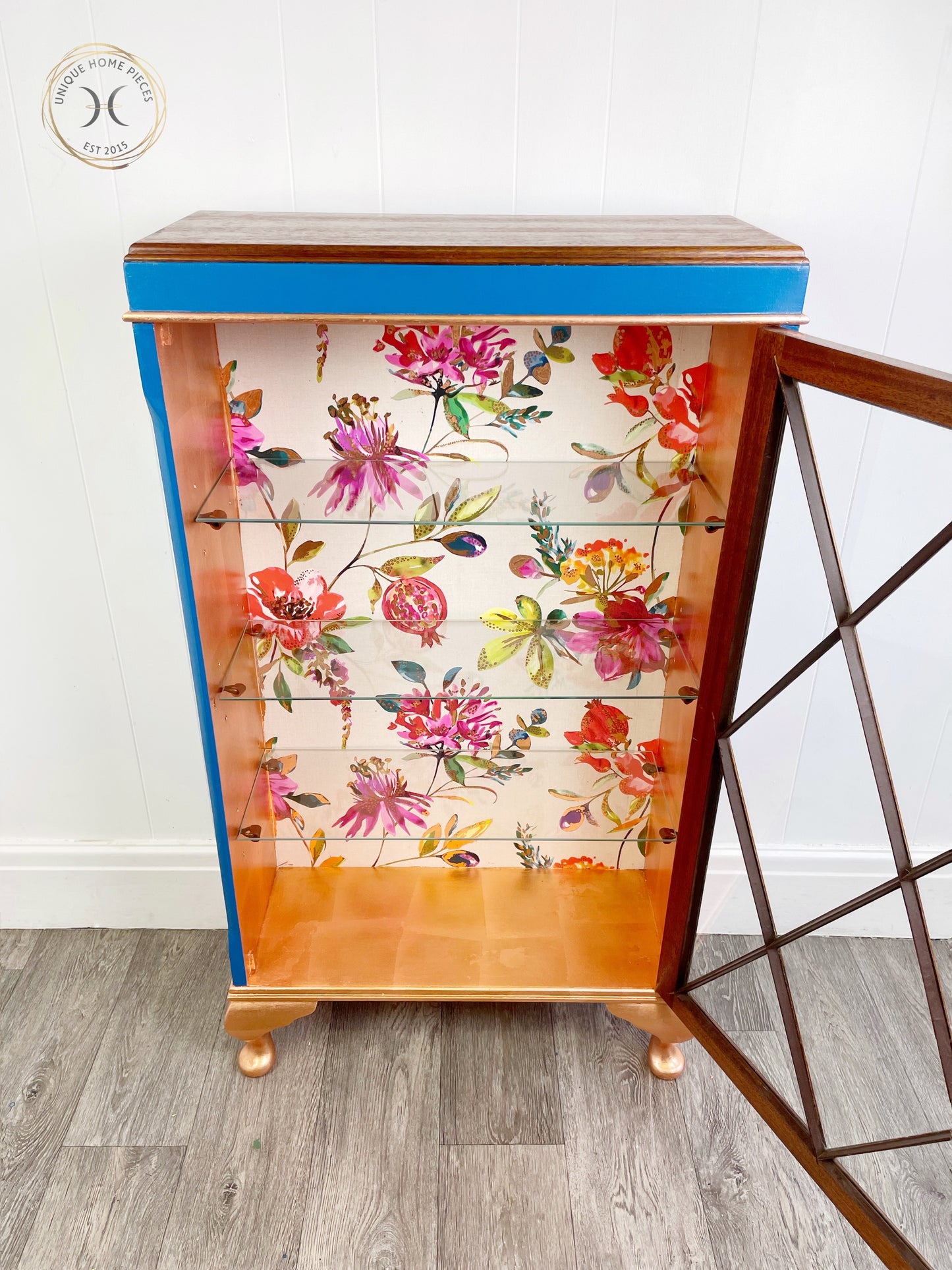 Blue Copper Vintage Glass Fronted Display/ Drinks Cabinet - Unique Home Pieces
