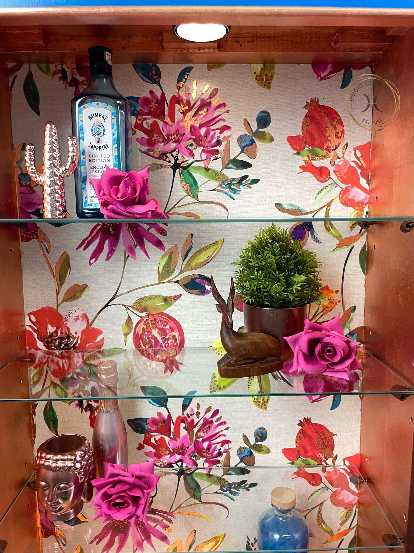 Blue Copper Vintage Glass Fronted Display/ Drinks Cabinet - Unique Home Pieces