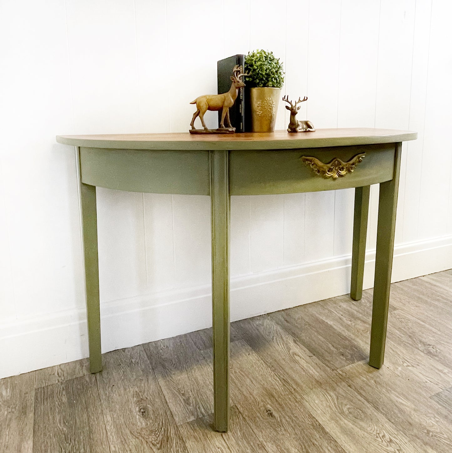 Large Green Vintage Half Moon Console Table, Demi Lune, Hall Table, Accent Table - Unique Home Pieces