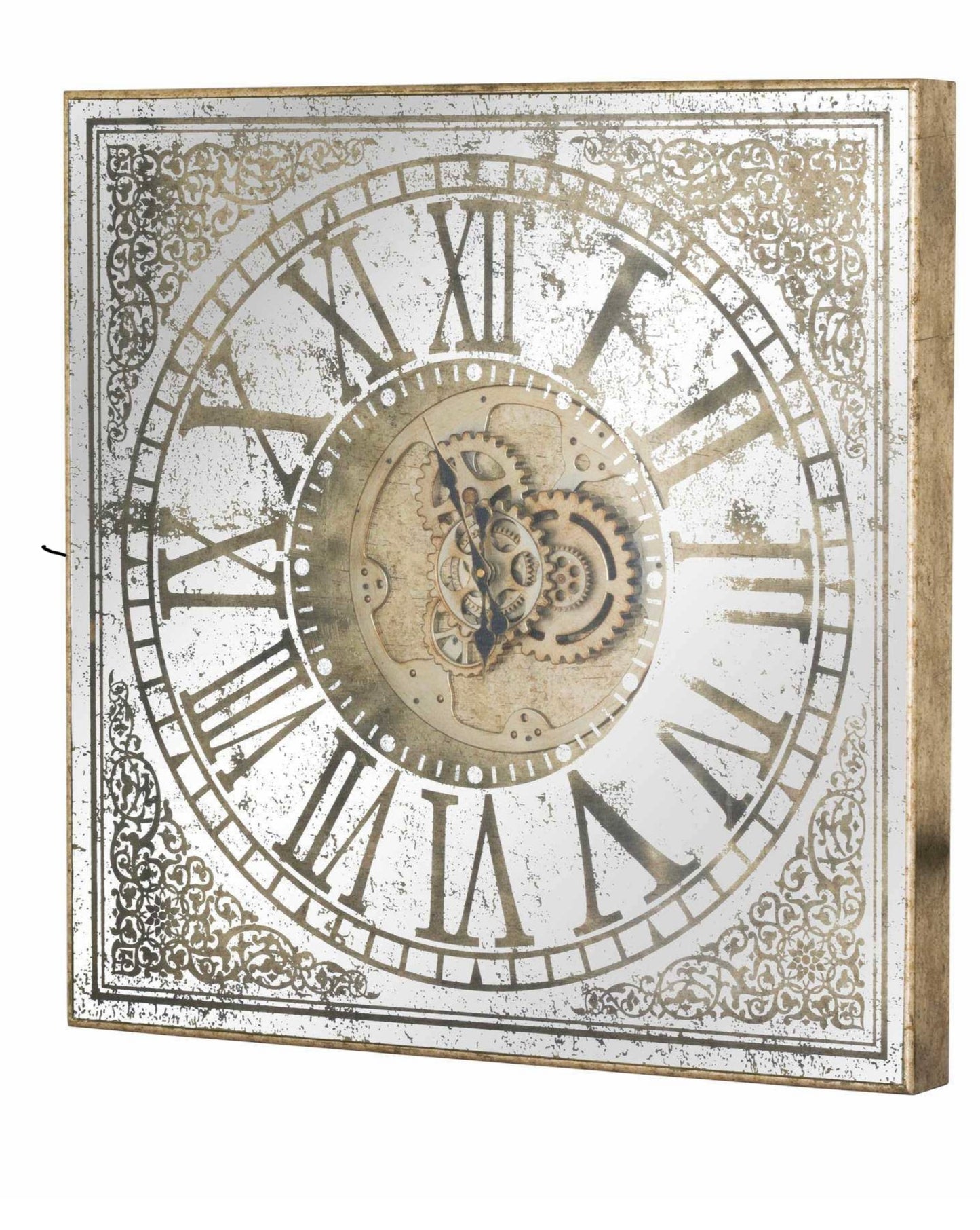 large mirrored square frame clock with moving mechanism, this is large and heavy can be hung on a wall or sit on a console table leaning up against a wall.