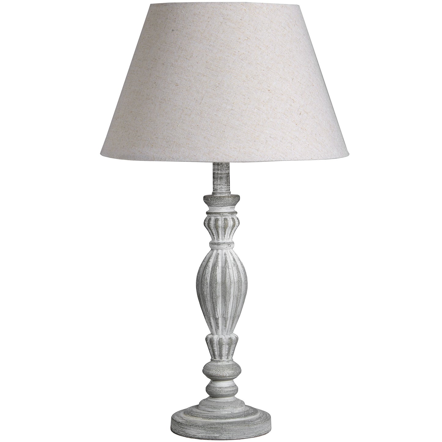 Aegina Table Lamp has a shaped column base a grey base colour with a white wash over it comes with a natural Linen lampshade will match any home decor or colour palette,