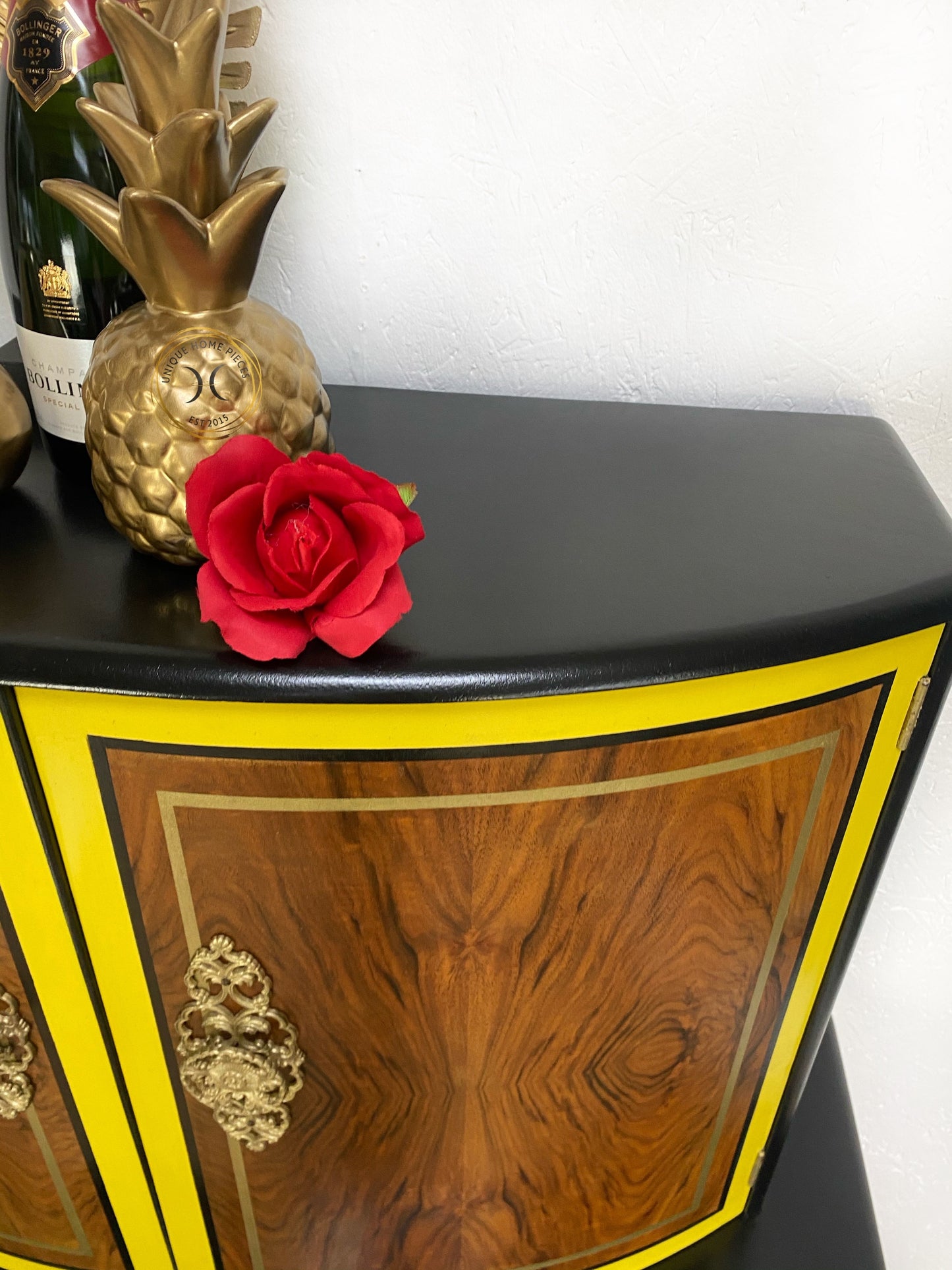 Bow Fronted  Drinks Black/Yellow Walnut Cocktail Cabinet Bar - Unique Home Pieces