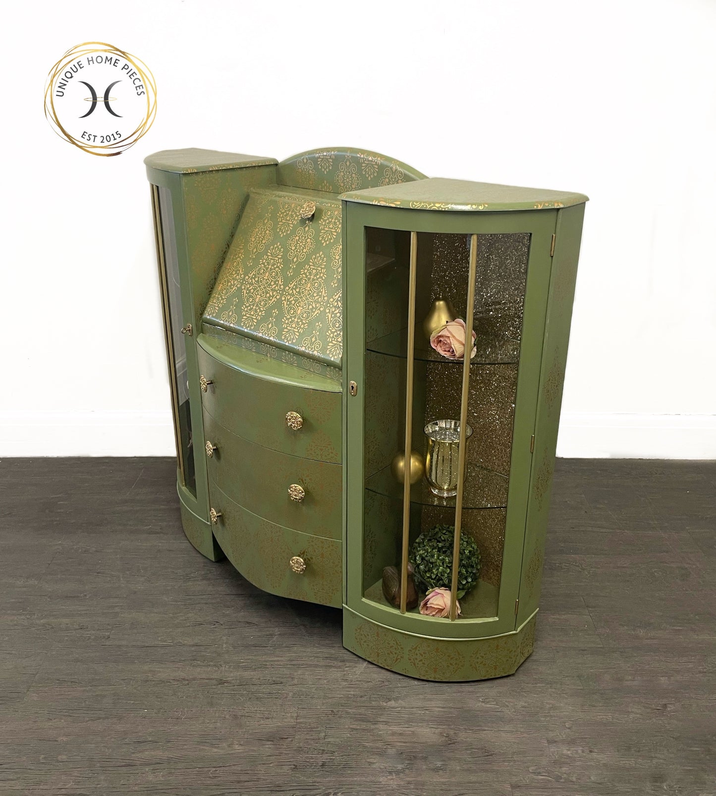 Green Gold Art Deco Style Display Case, Bureau, Writing Desk