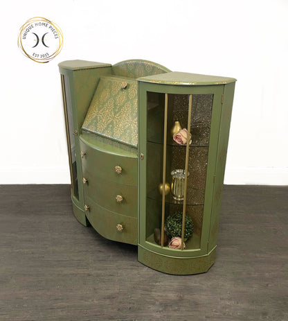 Green Gold Art Deco Style Display Case, Bureau, Writing Desk
