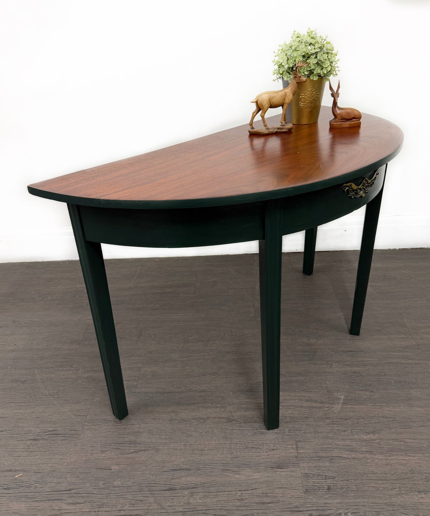 Large Dark Green Mahogany Half Moon Console Table