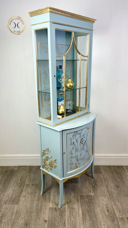 Antique Edwardian Light Blue And Gold Display Cabinet